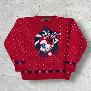 VTG Eddie Bauer 1989 80s Wool Heart Fair Isle Winter Sweater Red Size S